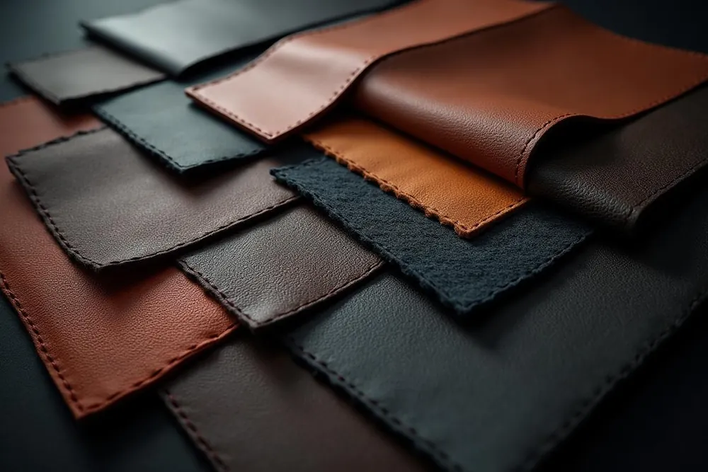 Premium automotive leather hides fanned out, showing the range of colors G4 Upholstery works with